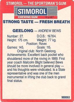 1990 AFL Scanlens Stimorol #14 Andrew Bews Back
